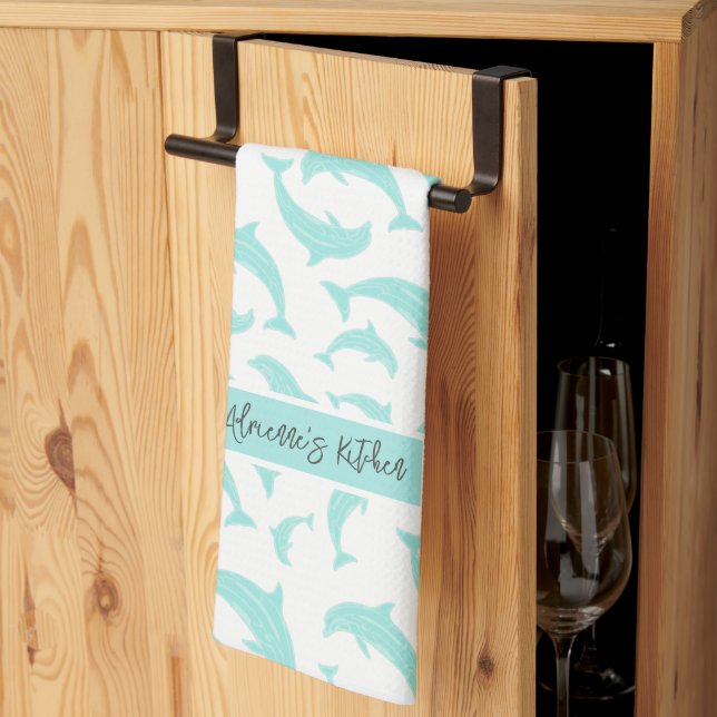 Jumping Dolphins Aqua Personalized Kitchen Towel (Thirds Fold)