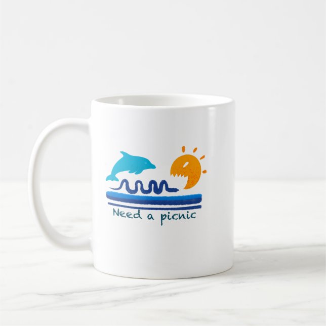 Jumping Dolphins Beach Illustration Textured Brush Coffee Mug (Left)