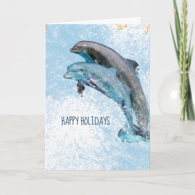 Jumping Dolphins Painting Happy Holidays Card (Front)