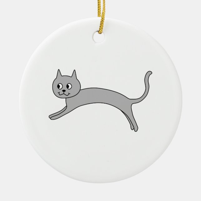 Jumping Grey Cat. Ceramic Ornament (Front)