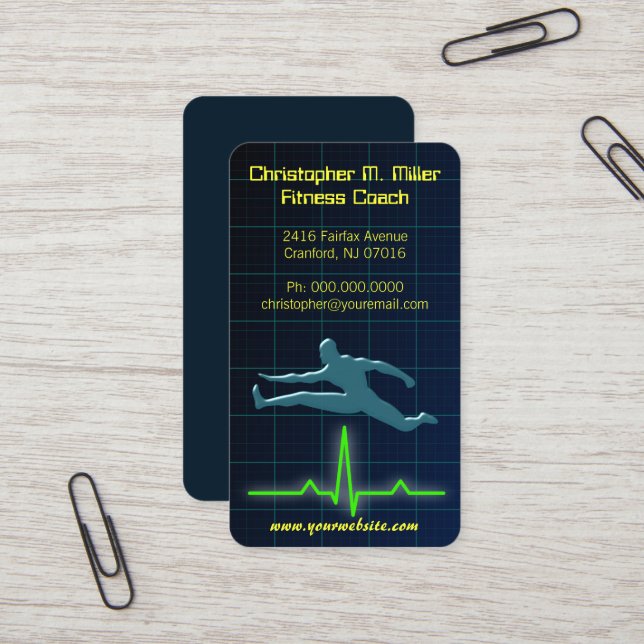Jumping Man Fitness Coach Personal Trainer Business Card (Front/Back In Situ)