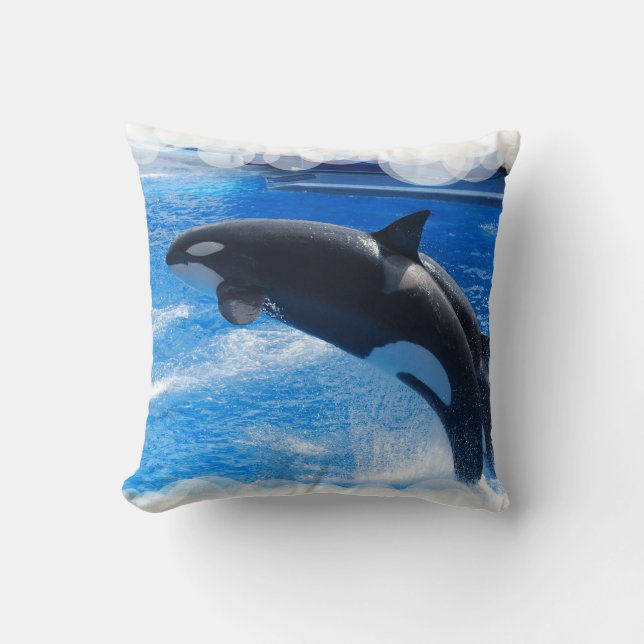 Jumping Orca Whale Throw Pillow (Front)