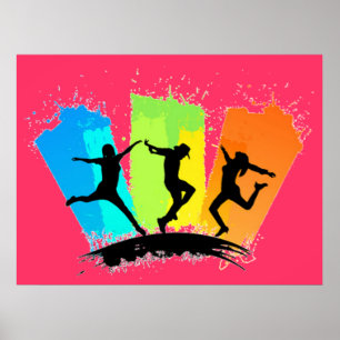 Jumping people silhouettes colourful - poster