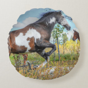 Jumping Pinto Paint Stallion on a Horse Ranch Round Pillow