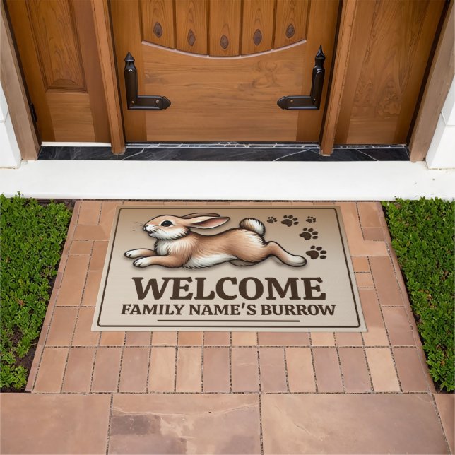 Jumping rabbit with customizable family name  doormat (Outdoor)