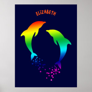 Jumping Rainbow Dolphins With Bubbles Poster