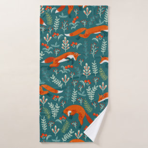 Jumping red foxes with ornaments seamless pattern bath towel