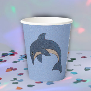 Jumping Sparkle Blue White Dolphin on Light Blue Paper Cups