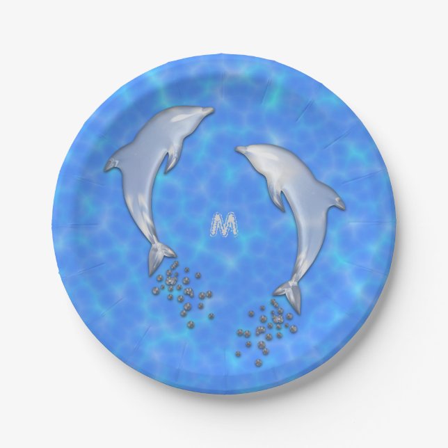Jumping Sparkling Blue Dolphin With Monogram Paper Plate (Front)
