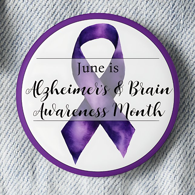 June Alzheimer's & Brain Awareness Month 2 Inch Round Button (Alzheimers and Brain Awareness Month. June. Purple awareness ribbon.)