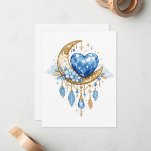 June Birthstone Moon Heart Boho Blue Gem Design Card