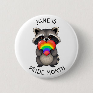 June is Pride Month   Cute Racoon with Rainbow   2 Inch Round Button