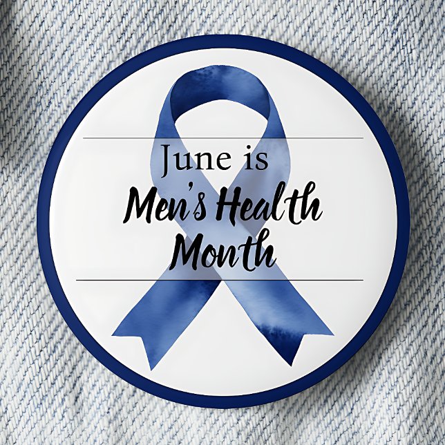 June Men's Health Month 2 Inch Round Button (Blue Awareness Ribbon June is Men's Health Month pinback button.)