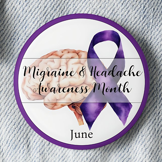 June Migraine & Headache Awareness Month 2 Inch Round Button (Migraine & Headache Awareness Month.  June. Purple awareness ribbon.)