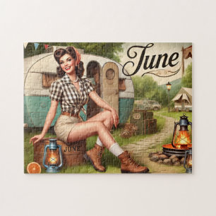 June Retro Summer Camping Pin-Up Girl  Jigsaw Puzzle