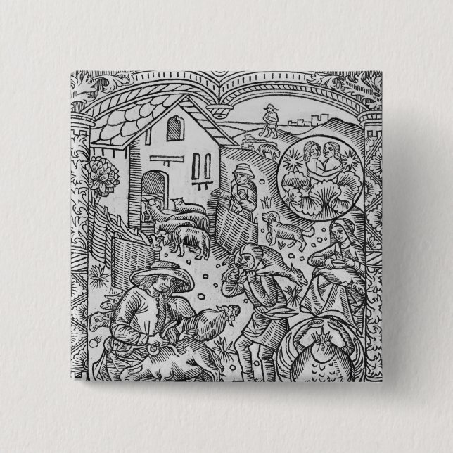 June, sheep shearing, Gemini 2 Inch Square Button (Front)
