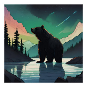 Juneau Alaska grizzly bear aurora northern lights Poster