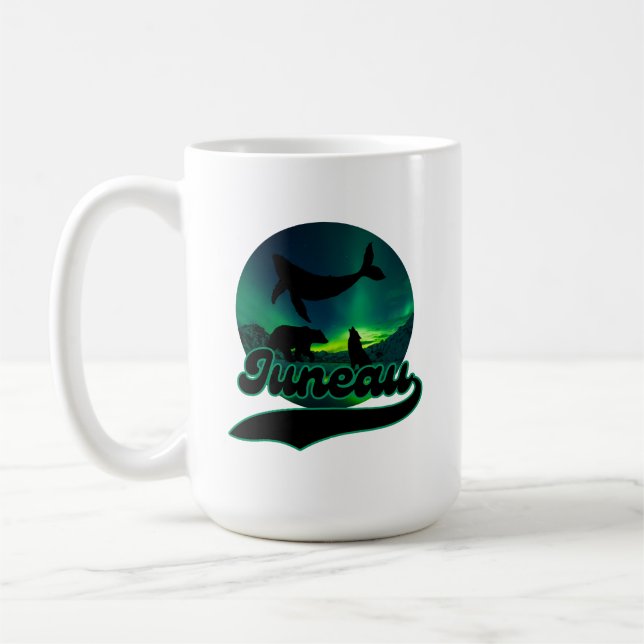 Juneau Alaska Whale Wolf Bear Aurora Northern AK Coffee Mug (Left)