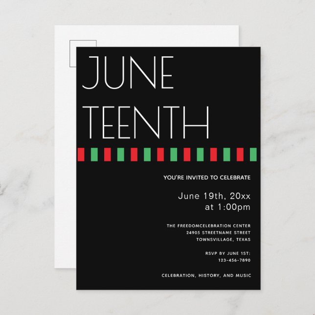 Juneteenth Red Black Green Freedom Invitation Postcard (Front/Back)