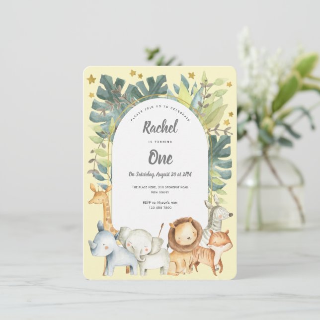 jungle 1st birthday, cute safari animals yellow invitation (Standing Front)
