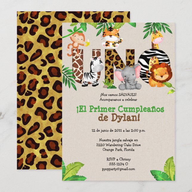 Jungle 1st Birthday Party Invitations - Español (Front/Back)