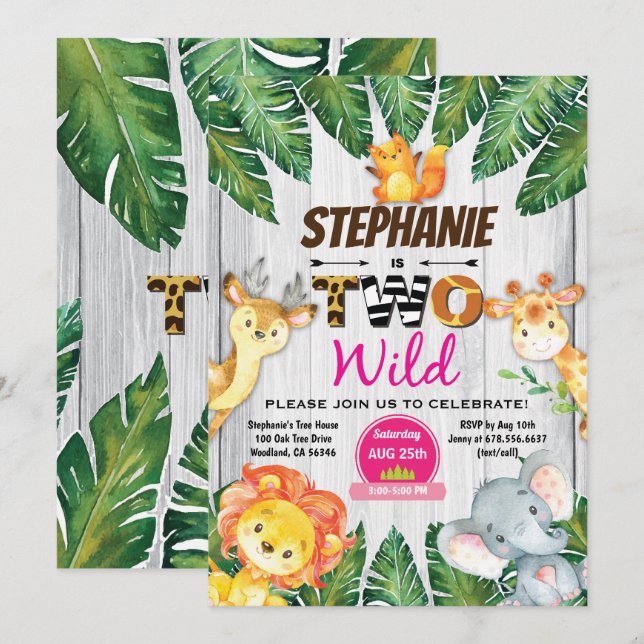 Jungle 2ème anniversaire invitation Fille safari z (Devant / Derrière)