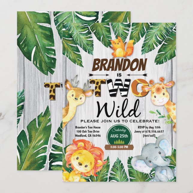 Jungle 2nd birthday invitation. Boy safari zoo two Invitation (Front/Back)