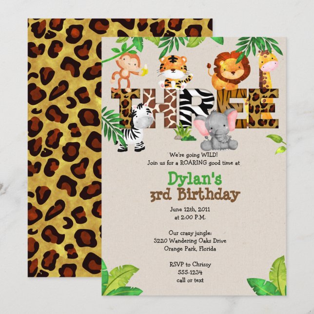Jungle 3rd Birthday Party Invitations (Front/Back)