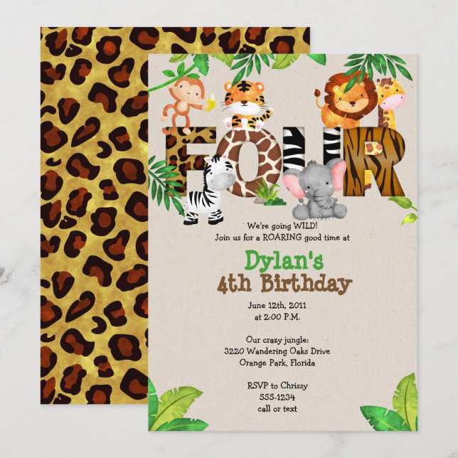 Jungle 4th Birthday Party Invitations (Front/Back)