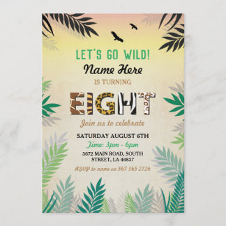 Jungle 8th Birthday Eight Party Safari ZOO Wild Invitation