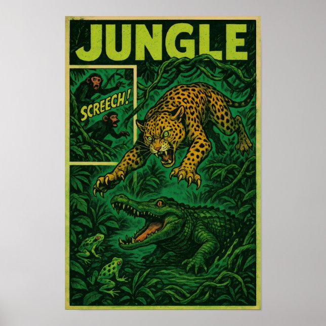 Jungle Ambush – Jaguar vs Alligator Retro Comic Poster (Front)