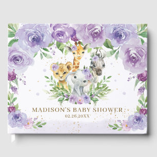 Jungle Animal Chic Purple Floral Baby Shower  Guest Book