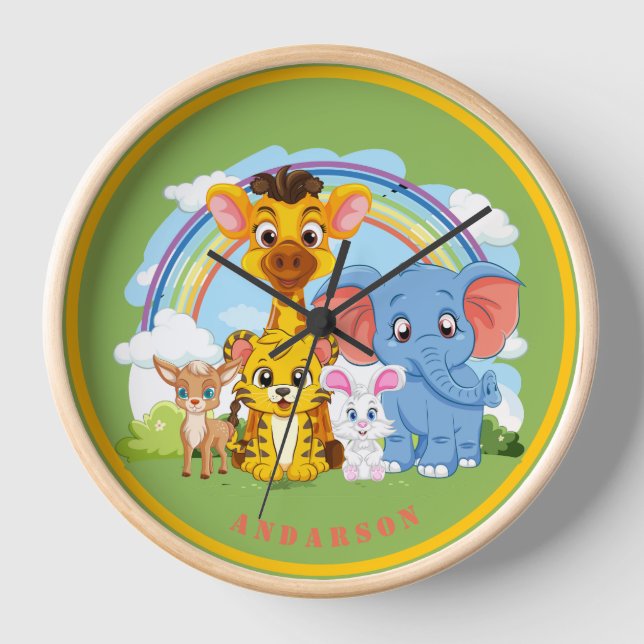 Jungle Animal Personalized Name Wall Clock (Front)