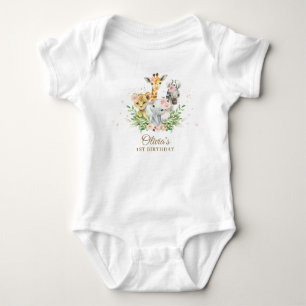 Jungle Animal Pink Floral Girl 1st Birthday Outfit Baby Bodysuit