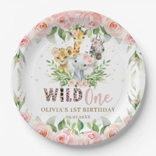Jungle Animal Pink Floral Wild One 1st Birthday  Paper Plate