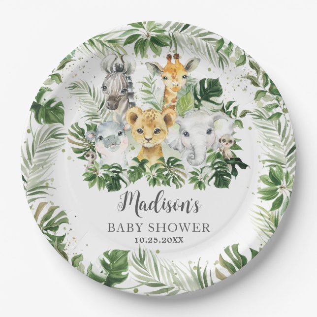 Jungle Animal Safari Greenery Neutral Baby Shower Paper Plate (Front)