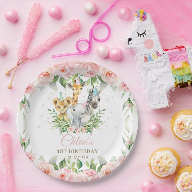 Jungle Animal Safari Pink Floral Girl Birthday  Paper Plate (Party)