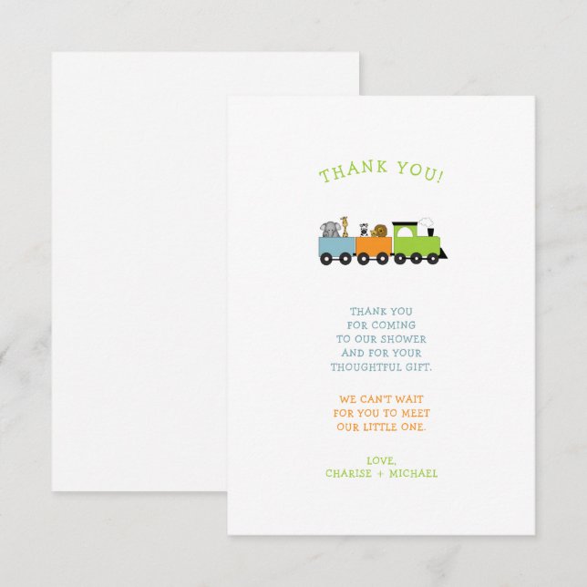 JUNGLE ANIMAL TRAIN baby shower thank you note Card (Front/Back)