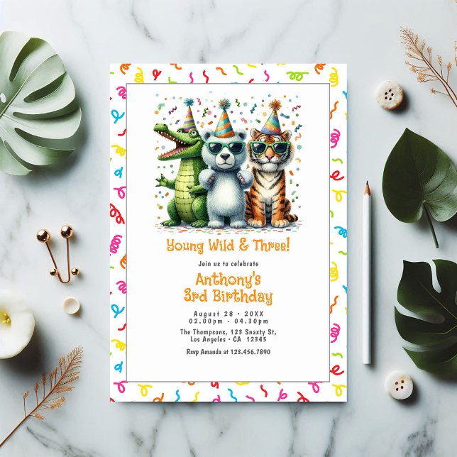 Jungle Animal "Young Wild and Three!" 3rd Birthday Invitation (Jungle Animal "Young Wild and Three!" 3rd Birthday Invitation)