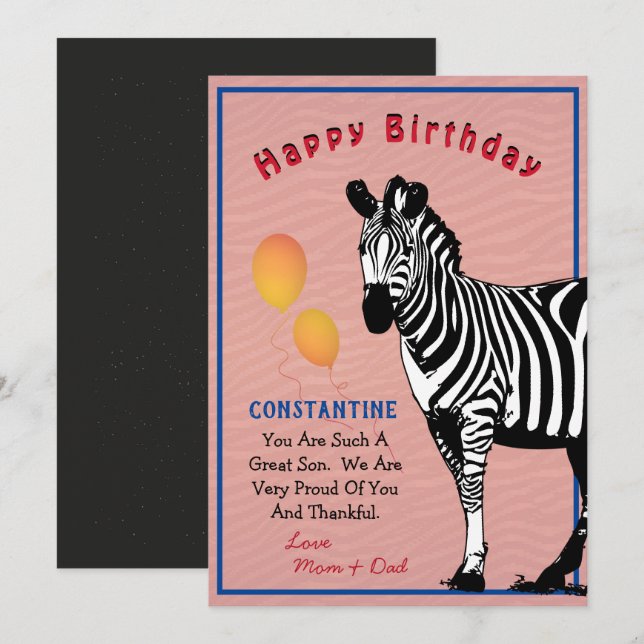 Jungle  Animal Zebra Happy Birthday Card (Front/Back)