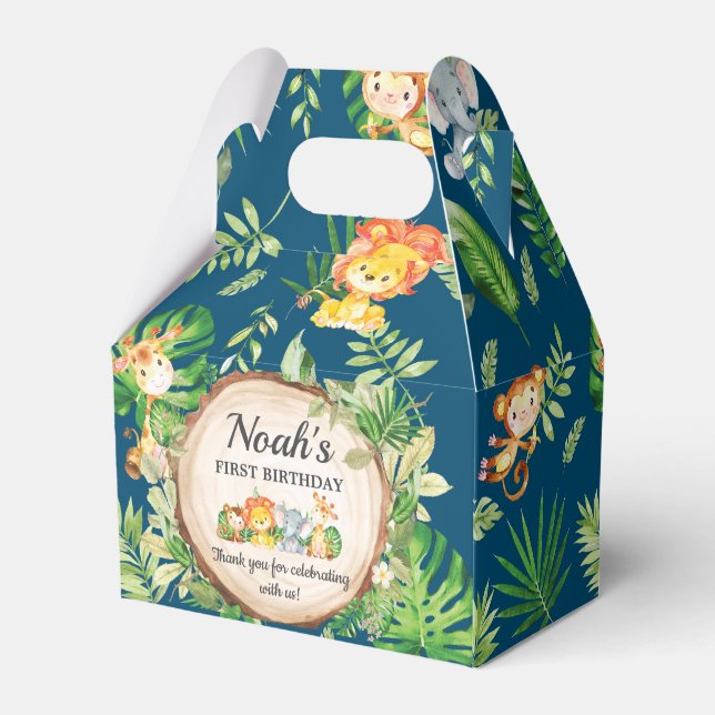 Jungle Animals 1st Birthday Party Thank You Favor Box (Front Side)
