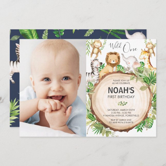 Jungle Animals 1st Birthday Wild One Green Photo Invitation (Front/Back)