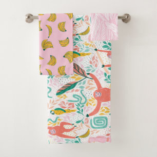 Jungle animals adventure & tropical leaves in pink bath towel set