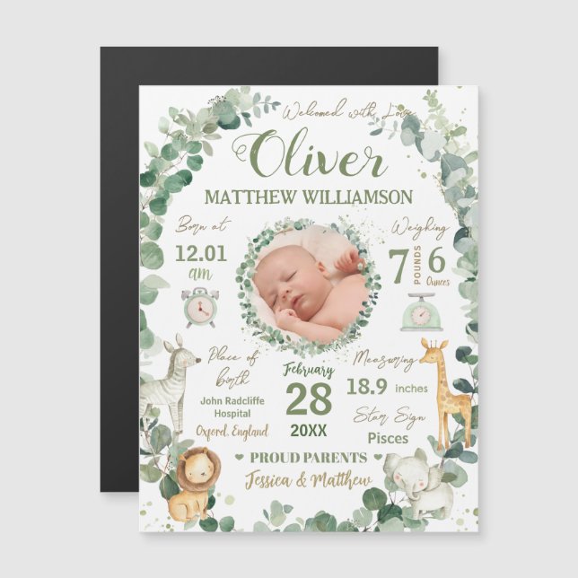 Jungle Animals Baby Birth Stats Photo Announcement (Front/Back)
