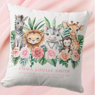 Jungle Animals Baby Girl Birth Stats Pillow 