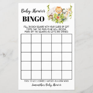 Jungle Animals Baby Shower Bingo Game Card