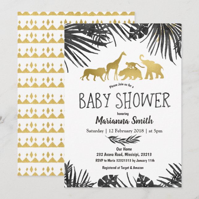 Jungle Animals Baby Shower Invitation black gold (Front/Back)