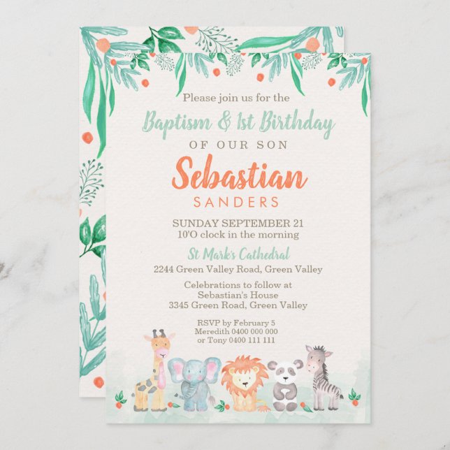 Jungle Animals Baptism 1st Birthday Invitation (Front/Back)