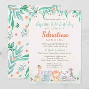 Jungle Animals Baptism 1st Birthday Invitation