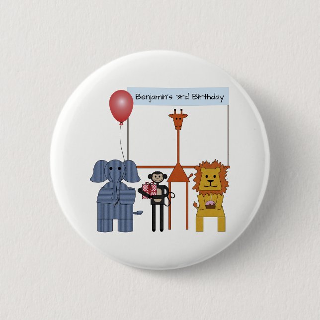 Jungle Animals Birthday Party Button - on white (Front)